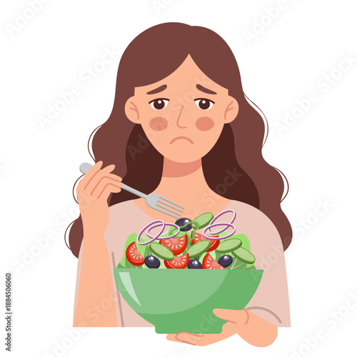 Sad woman with a bowl of vegetables. Woman on a diet eats a healthy salad. Natural and organic products illustration.