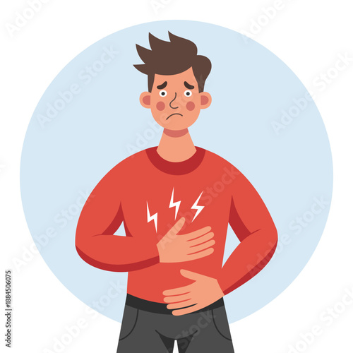 Sad man suffering from abdominal pain and discomfort. Healthcare and medicine illustration.