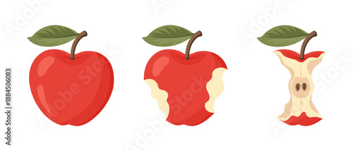 Juicy red apple eating steps icon set. Stages of an eaten apple, whole, bitten and core. Illustration.