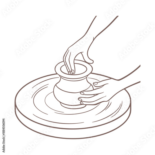 Hands shaping clay pot on a pottery wheel. Line art illustration.