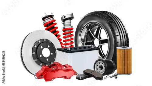 Konstfotografi Auto parts accessories Car parts wheel, tire, shock absorbers, filters, car battery, brake disc, shoe and pads isolated on white background
