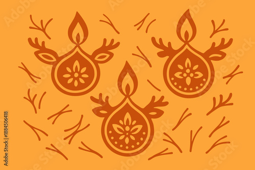 Three decorative paisley designs with floral elements on a warm orange background