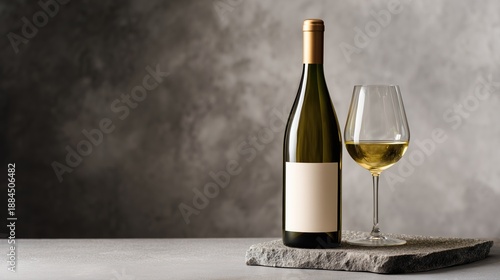 Minimal wine bottle and glass composition with blank label on dark green bottle beside rock in soft studio side light