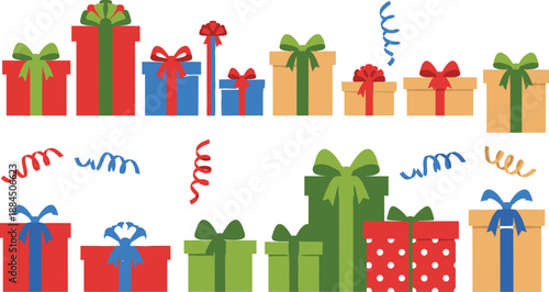 Colorful gift box arrangement, festive ribbon decorations, holiday celebration packages, birthday present design, cheerful wrapping styles, party themed illustration