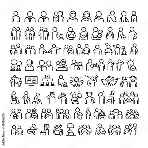 People Icon Set: Diverse Human Figures and Concepts Outline.