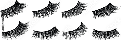 False eyelash silhouettes collection, dramatic beauty makeup lashes, black isolated cosmetic icons set, fashion glamour style illustration design