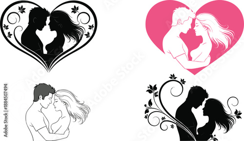 Romantic couple silhouette vector set featuring lovers in heart frames and floral swirls for wedding invitations, Valentine's Day cards, and relationship branding projects.