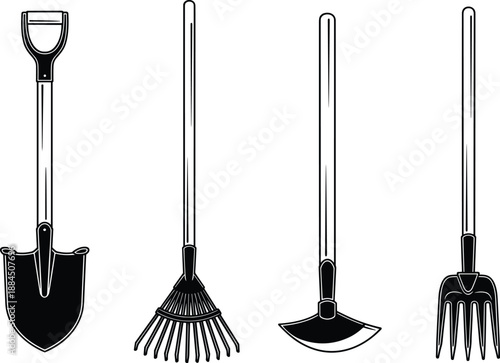 Garden tools silhouette icon set, shovel rake hoe fork, black and white agriculture equipment, minimalist vector illustration