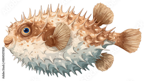 Cute Puffer Fish Cartoon with Outline on White Background Vector Illustration