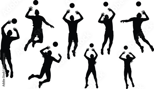 Volleyball players jumping silhouettes set, men and women spiking blocking ball, energetic team sport action, athletic figures isolated on white background