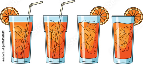 Fresh orange juice glasses with ice, citrus drink collection, refreshing summer beverage, cold juice illustration vector set