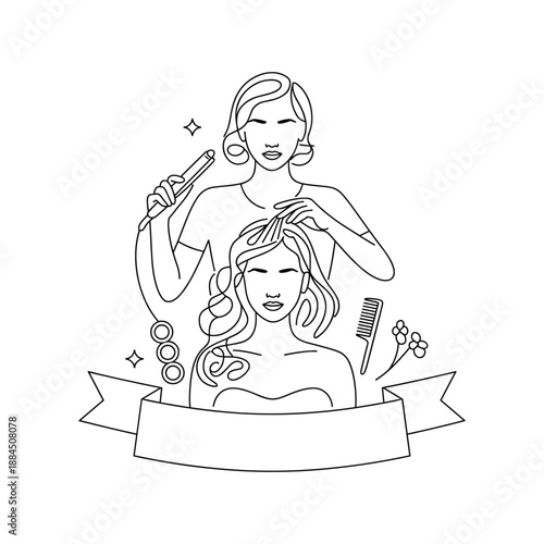 Stylist styling hair using flat iron on client with comb and flowers on transparent background