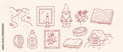 Cottagecore hand drawn cozy rural objects with gnome, books, plants and home details, nostalgic countryside living mood in vintage line art style