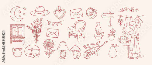 Cottagecore hand drawn cozy countryside life with rustic home objects, floral details, gentle rural living mood and vintage pastoral line art illustration