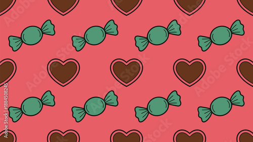 Pattern of turquoise candies and brown hearts Vector