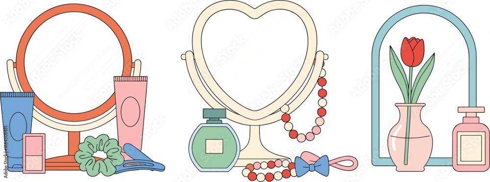 Φωτογραφία Pastel cosmetics and vanity mirror set vector illustration with heart shaped mir