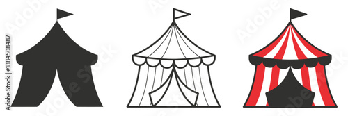 Circus tent icons collection showing three styles, flat solid monochrome symbol, thin black outline black and white icon