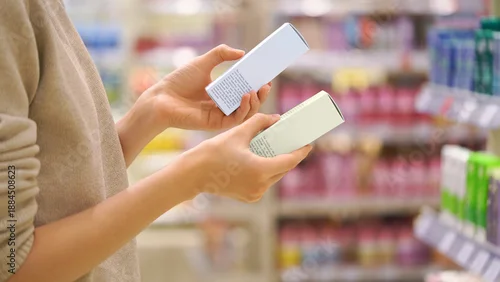 Obraz Customer Reading the Ingredient Labels Compares Two Skincare Products in Beauty Store. Close-up of a Female Hands, Woman Choosing Cosmetic Product. Makeup Selection. Conscious Choice. Mindful Shopping