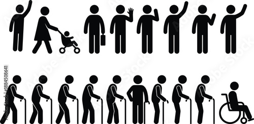 Human life cycle silhouette from childhood to old age showing aging stages family mobility disability social illustration concept
