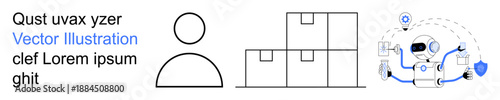 Logistics, technology, automation, communication, supply chain, user interface. Robot interacting with data, stacked boxes user icon. Logistics and technology in a digital context