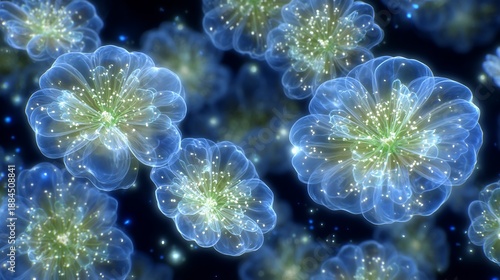 Abstract Blue Glowing Microscopic Organisms Floating in Dark Space.