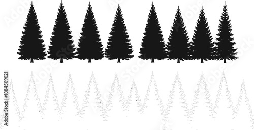 Minimalist black pine tree forest silhouette set with mirrored reflection for outdoor adventure branding, winter landscape backgrounds, and nature conservation graphic design projects.
