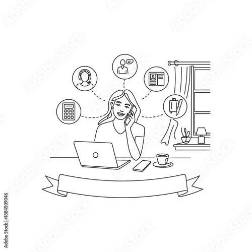 Young woman working from home with laptop and phone while icons representing communication and business float around her