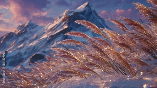 Majestic Mountain Peaks at Sunset with Golden Grasses in Foreground.