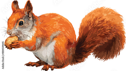 Squirrel Holding Nut Vector with Outline on White Background
