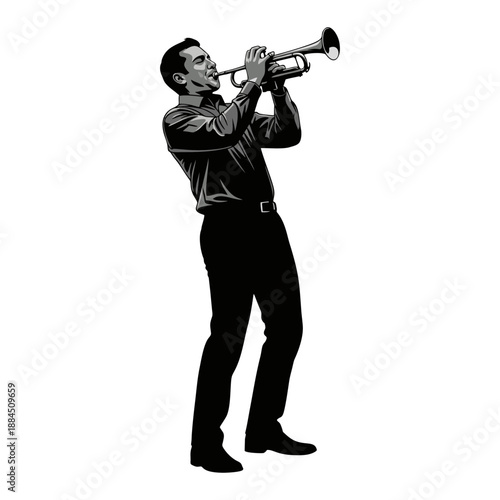 silhouette of a man playing the trumpet against a white background