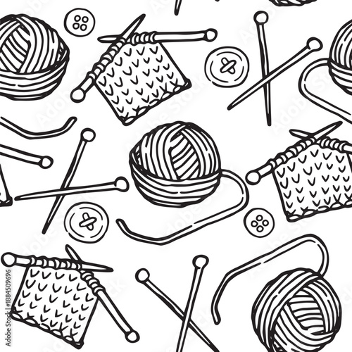 seamless pattern with ball of yarn and knitting needles. print of doodle illustrations.