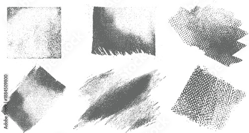 Six varied grey textured abstract including squares brush strokes and dot patterns on a white background for creative applications