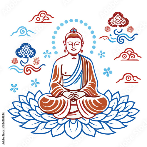 A calm silhouette illustration of Buddha meditating in lotus yoga pose, symbolizing spirituality, peace, and relaxation