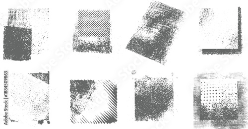 Group of eight abstract grayscale grunge textures with varied dot patterns, distressed edges, and linear effects offering a raw, artistic visual appeal