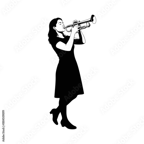 silhouette of a woman playing the trumpet against a white background