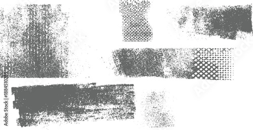 A set of six abstract grunge textures and distressed brush stroke in grey and white offering a raw and imperfect visual effect for creative applications