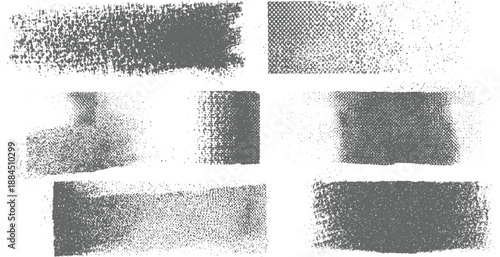 Group of six abstract grunge textures featuring distressed brush strokes and halftone dot patterns in grey and white for versatile applications