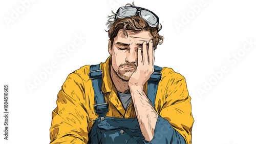 Exhausted Male Worker Vector Illustration on White Background with Outline Isolated