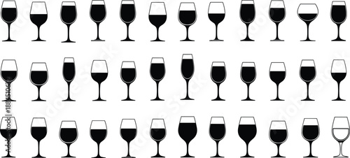 Wine glass silhouettes collection with different shapes and fill levels, elegant drinkware set black vector illustration design