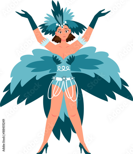 Showgirl in feathered blue costume poses with hands up, suitable for entertainment, performance, theater, dance, and celebrationrelated design projects.