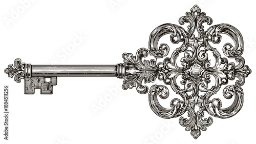 Elegant Vintage Style Key with Ornate Details and Flourish Vector Art