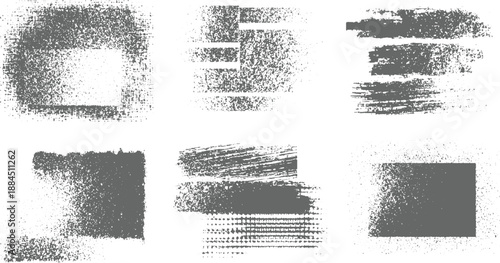 Six distressed grey textured brush stroke and splatter on white background