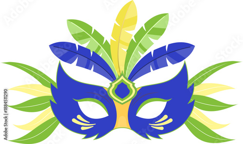 Blue mask with green and yellow feathers for festive events, mardi gras celebrations, theatrical performances, and costume parties, vibrant and eyecatching.