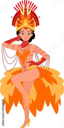 Showgirl dancer in vibrant orange costume suitable for event posters and entertainment promotions in need of a flashy visual.