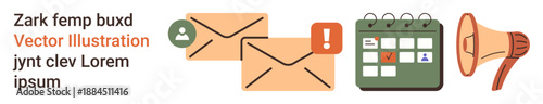 Email communication, notification alerts, event scheduling, information sharing, reminders, marketing strategies. Envelopes, alert icon calendar with checked date and megaphone. Email communication