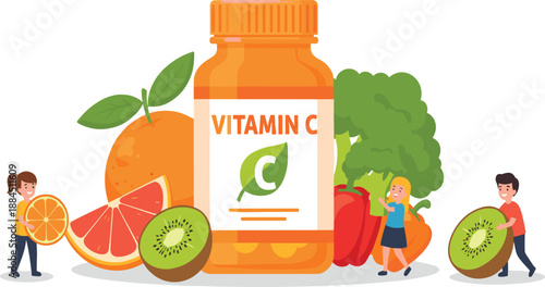 Vitamin C Supplement Illustration with Citrus Fruits, Kiwi, Peppers, Broccoli, and Mini Characters Promoting Healthy Nutrition