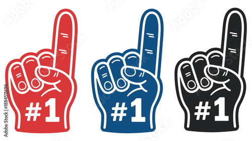 Foam Finger Number One Hand Symbols, vector illustration in black red blue for sports fans cheering event celebration posters graphics merchandise