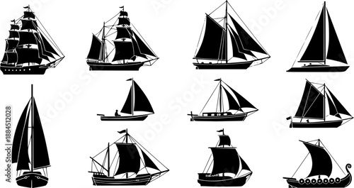 Collection of different ship silhouettes including sailing boats, cargo ships, patrol vessels, and fishing boats, marine transport icons for nautical vector illustrations