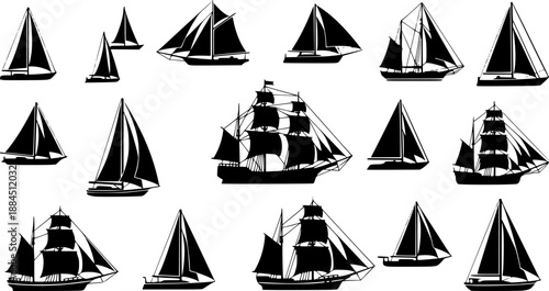 Collection of different ship silhouettes including sailing boats, cargo ships, patrol vessels, and fishing boats, marine transport icons for nautical vector illustrations