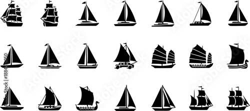 Collection of different ship silhouettes including sailing boats, cargo ships, patrol vessels, and fishing boats, marine transport icons for nautical vector illustrations